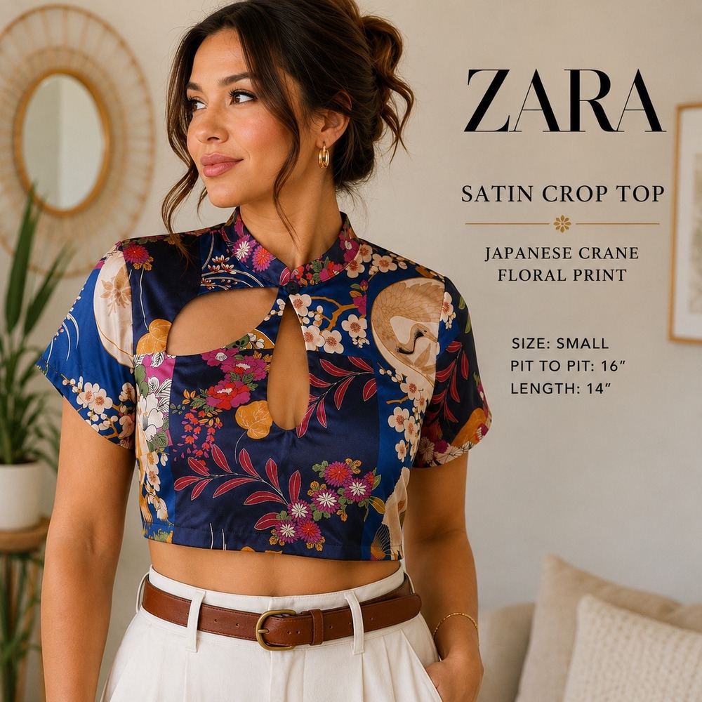 ZARA Japanese Crane Floral Print Satin Crop Top Blue‎ Small